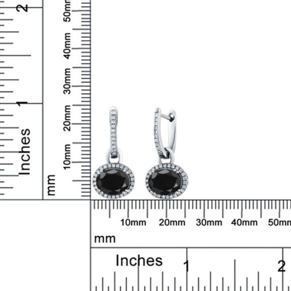 925 Sterling Silver with 5.92 Cttw Black Sapphire Oval French Lock Drop Earrings - Picture 5 of 5